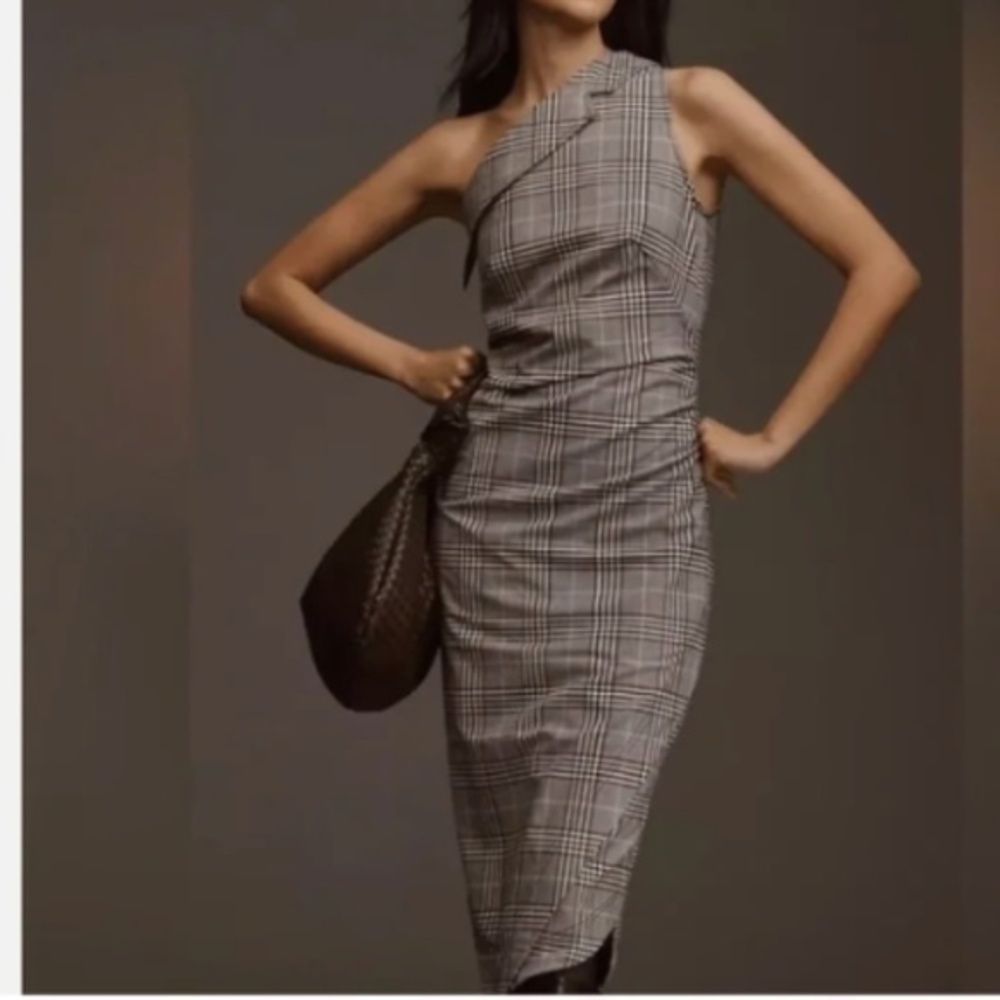Maeve Anthropologie Black White Gray Plaid One Shoulder Midi Dress Nwt 16